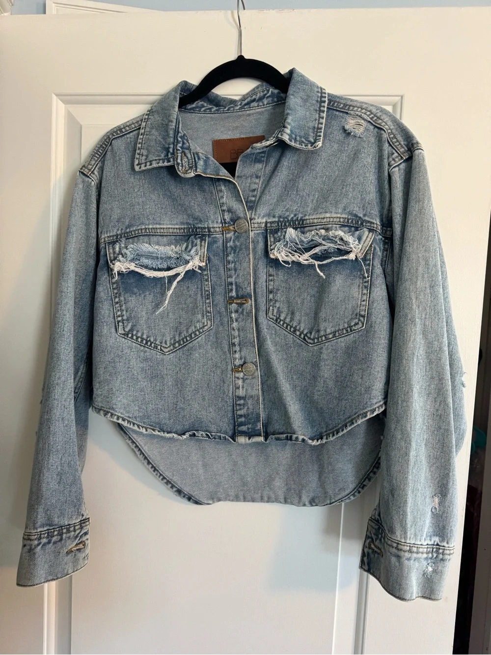 Distressed Light Blue Denim Jacket - Women's Cropped Jean Coat